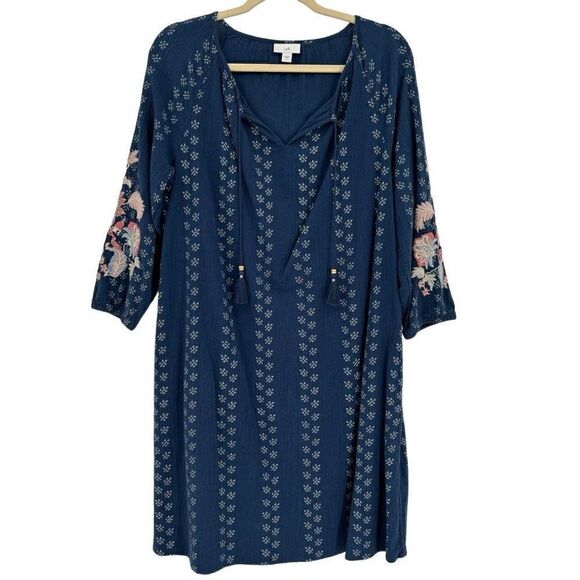 J. Jill Floral Embroidered Peasant Tunic Blue Batik Print Dress Small - Picture 1 of 12